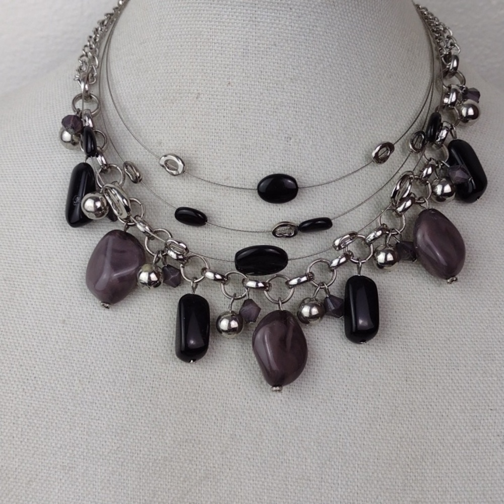 Three-Strand Modern Art & Black & Silver Marbled Taupe Stone Fringe Necklaces